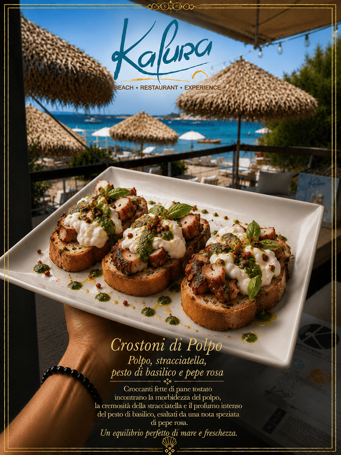 Crostoni di Polpo – Polpo, Stracciatella, Pesto di Basilico e Pepe Rosa